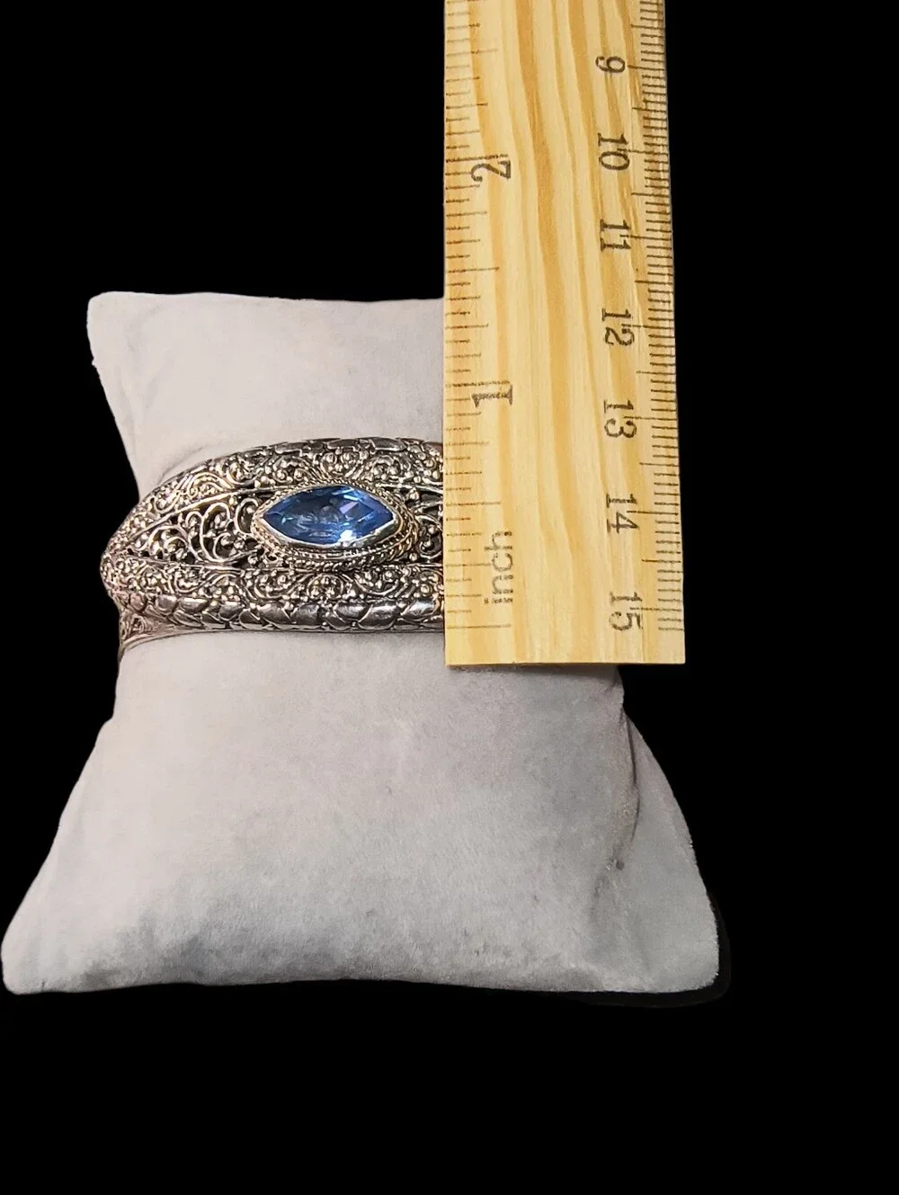 Sarda Bali Sterling Silver Filigree Cuff Bracelet with Blue Stone
